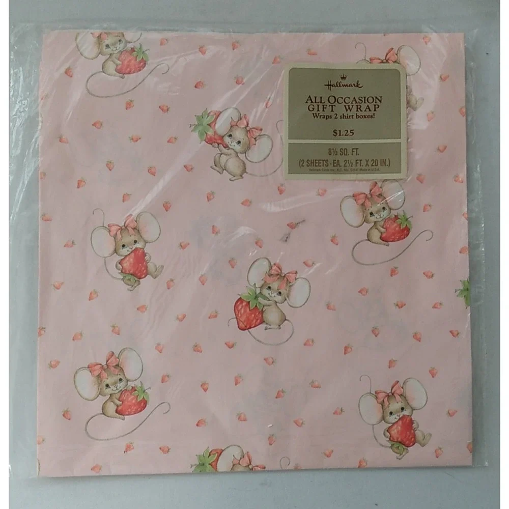 Vintage Hallmark Gift Wrap Paper Baby Shower Strawberry Mouse Pink Mice USA